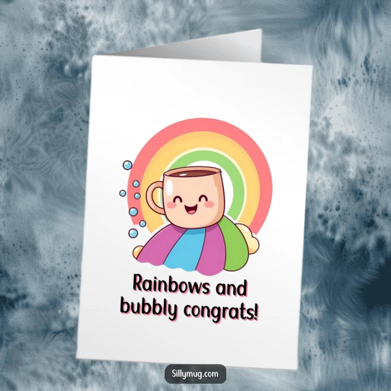 Funny Free Printable Congrats Card: A smiling mug gracefully slides down a colorful rainbow, with a trail of playful bubbles.