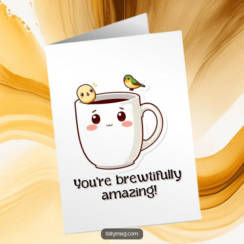 Funny Free Printable Congratulations Card: Adorable kawaii mug character with a tiny bird on its handle, celebrating success.