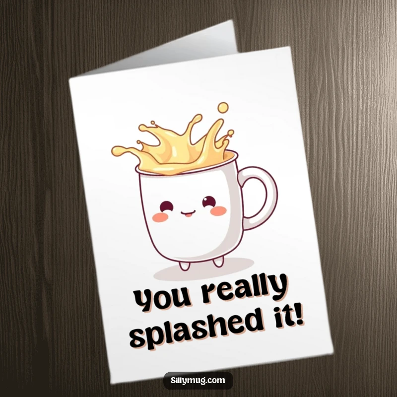 Funny Free Printable Congratulations Card: A kawaii mug character joyfully splashing imaginary liquid from its rim, celebrating a win.