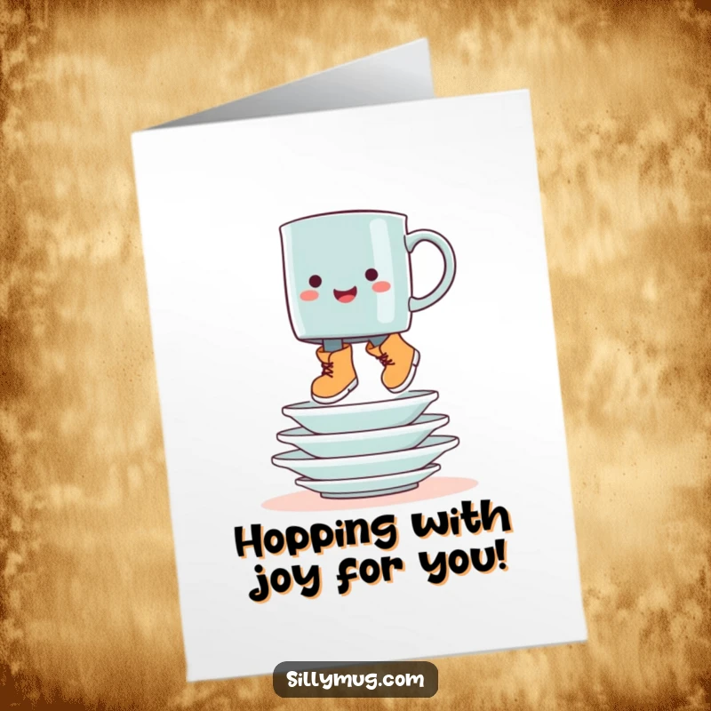 Funny Free Printable Congrats Card: A mug wearing cute little boots joyfully jumps over a tall stack of dishes.