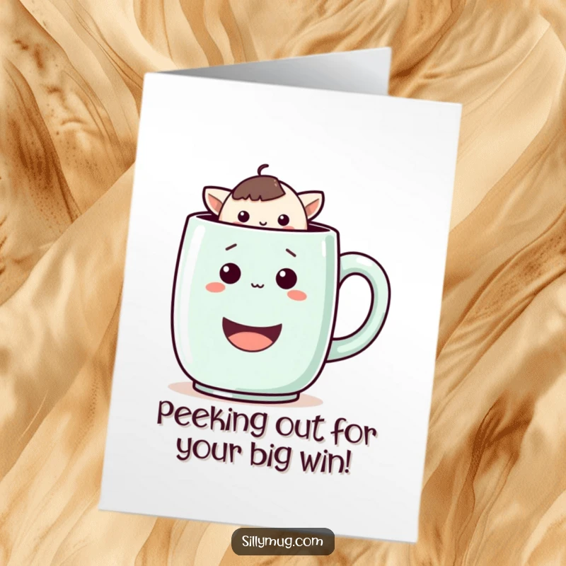 Funny Free Printable Congrats Card featuring a playful Kawaii character peeking adorably from a large, happy mug, celebrating success.