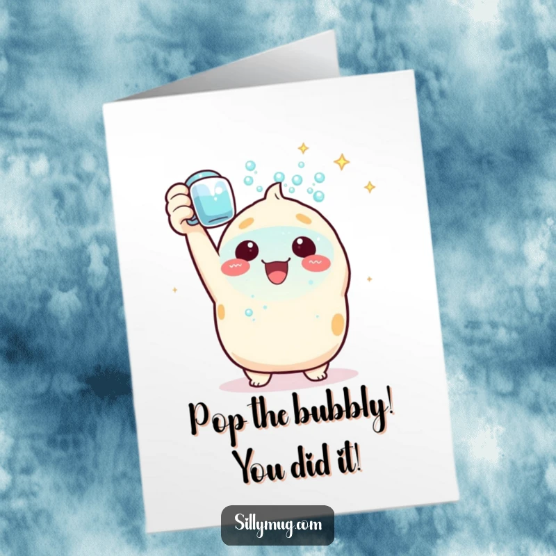 Funny Free Printable Congratulations Card: Triumphant Kawaii character proudly holds up a mug filled with sparkling bubbles, cheering success.