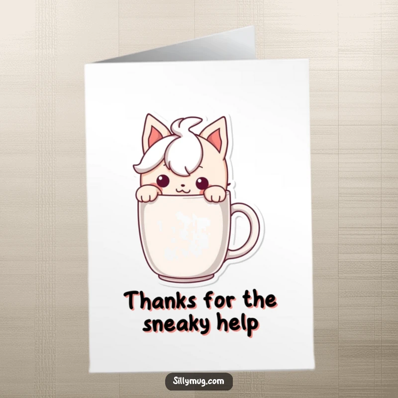 Funny Free Printable Thank You Card: Character with a mischievous grin peeking over a mug rim, a sly thank you.