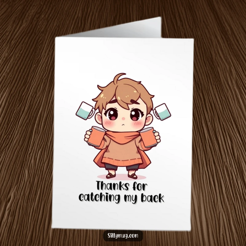 Funny Free Printable Thank You Card: Character skillfully juggles coffee mugs, showing appreciation with a comical twist, a unique DIY gift.