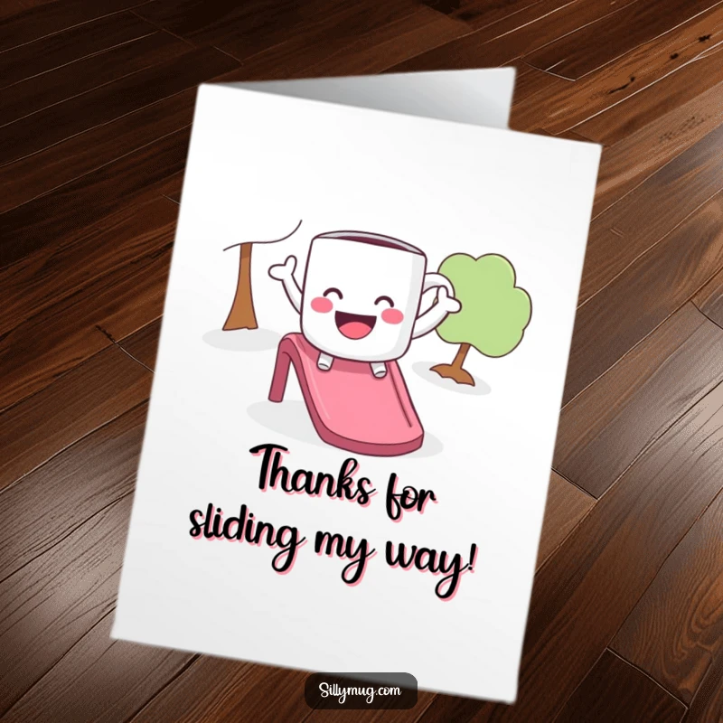 Funny Free Printable Thank You Card: A happy mug with arms outstretched zooms down a slide, conveying pure delight.