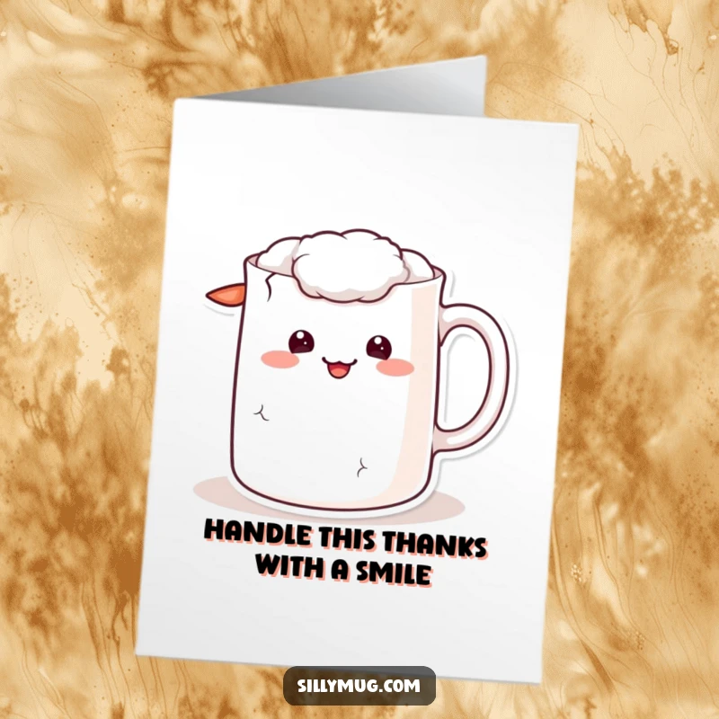 Funny Free Printable Thank You Card: A kawaii mug character with a cracked handle sports a sheepish grin, offering a heartfelt thank you.
