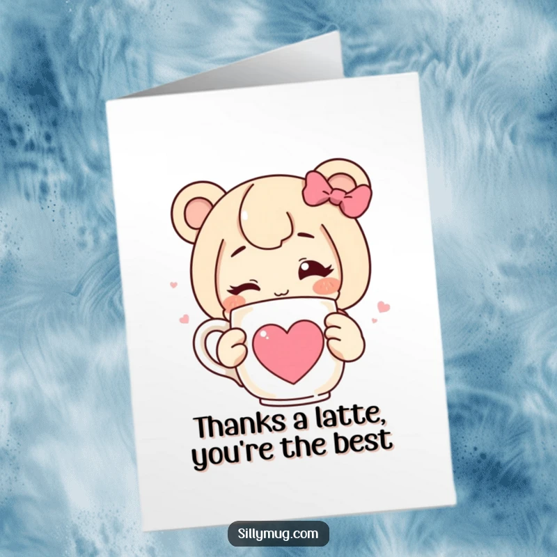 Funny Free Printable Thank You Card: Winking character with a heart mug, expressing thanks playfully, ideal DIY gift idea.