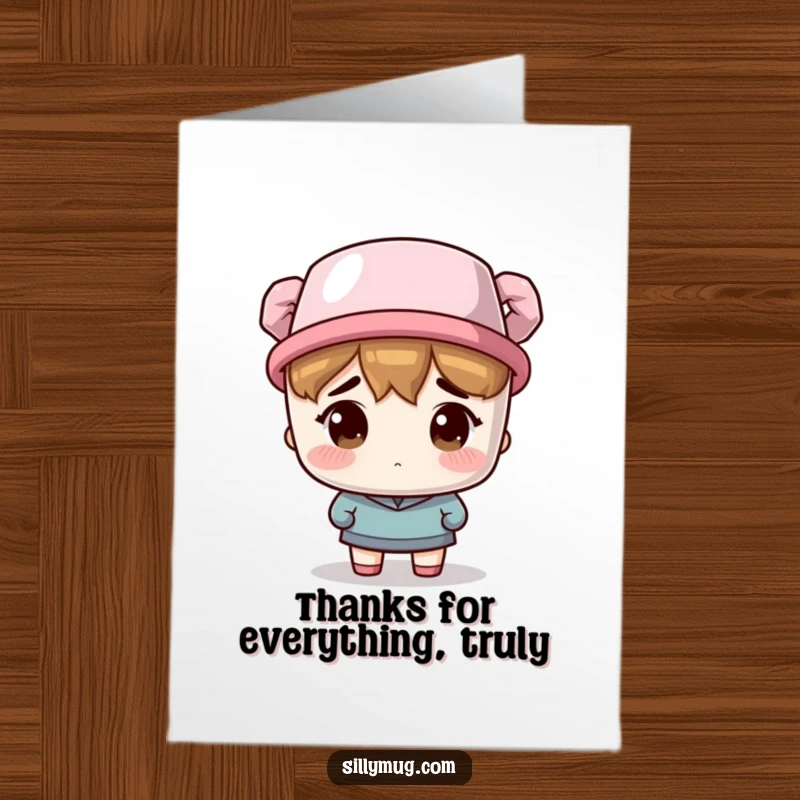 Funny Free Printable Thank You Card: Character wears a coffee mug as a hat, expressing bewildered thanks, a quirky DIY gift.