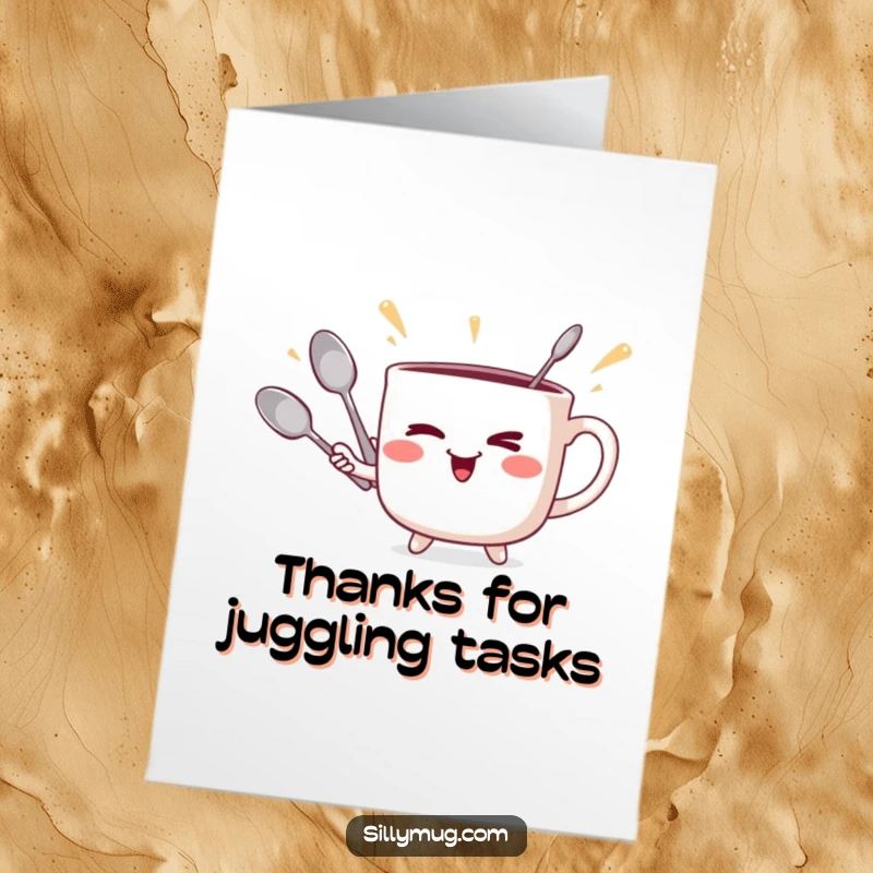 Funny Free Printable Thank You Card: A mischievous mug winks while gleefully juggling three spoons with impressive skill.