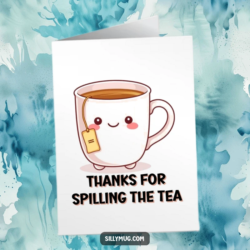 Funny free printable thank you card: A kawaii mug sits with its tea bag string knotted around its handle.