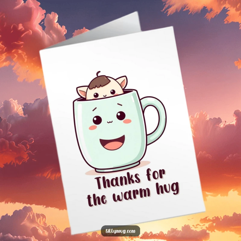 Funny Free Printable Thank You Card: a playful Kawaii character peeking out enthusiastically from a massive smiling mug, saying thank you.