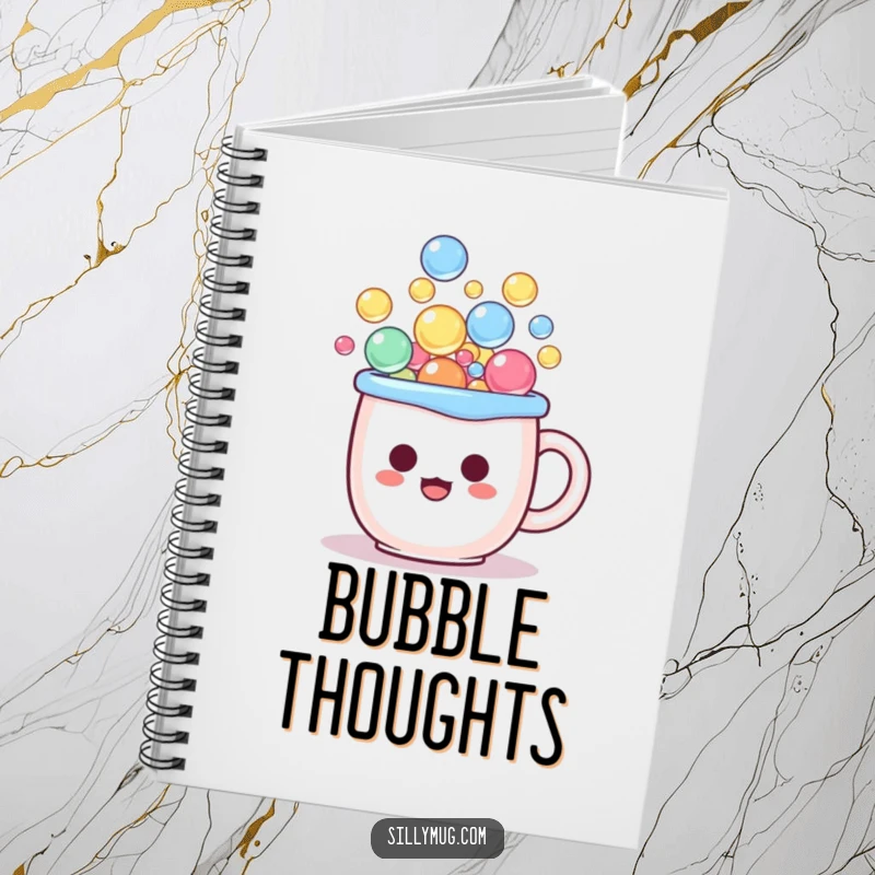 Funny kawaii notebook with a mug character overflowing with bubbles, showing comical surprise, ideal for journaling.