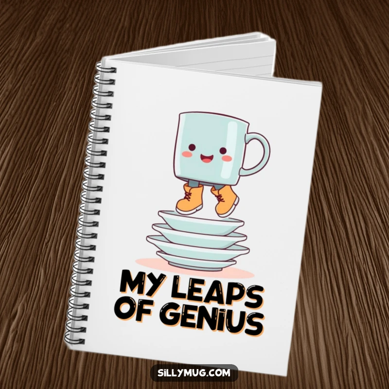 Funny booted mug hop notebook, with a mug in boots jumping over dishes, for humorous note-taking.