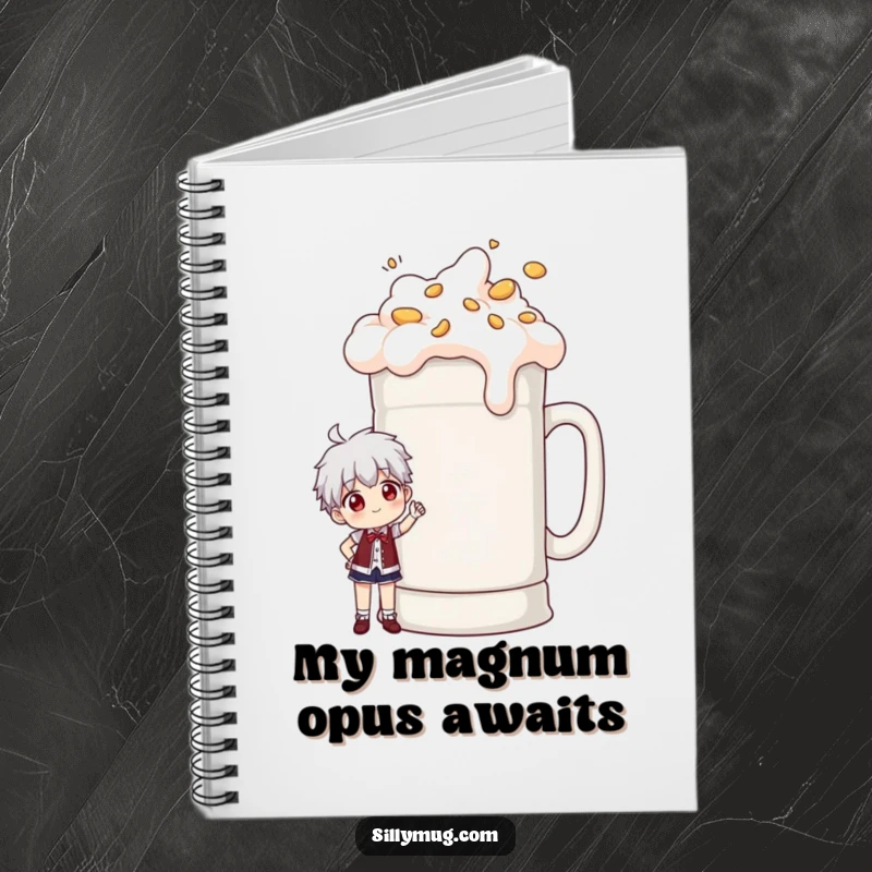 Funny notebook cover with a character proudly posing next to an enormous, overflowing coffee mug, perfect for journaling big ideas.
