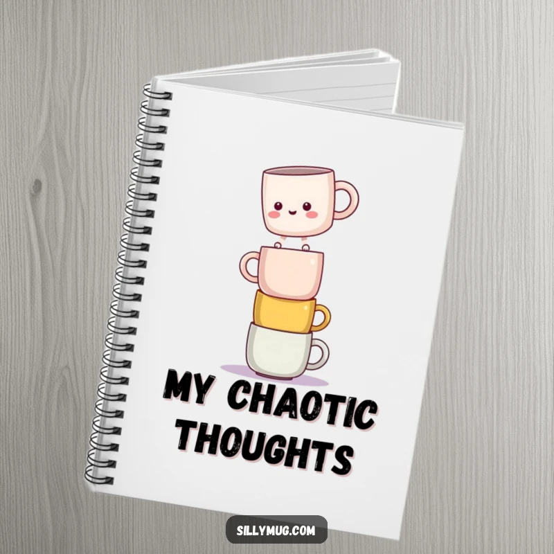 Funny notebook with a kawaii mug character balancing on a stack of mugs, perfect for jotting down thoughts.