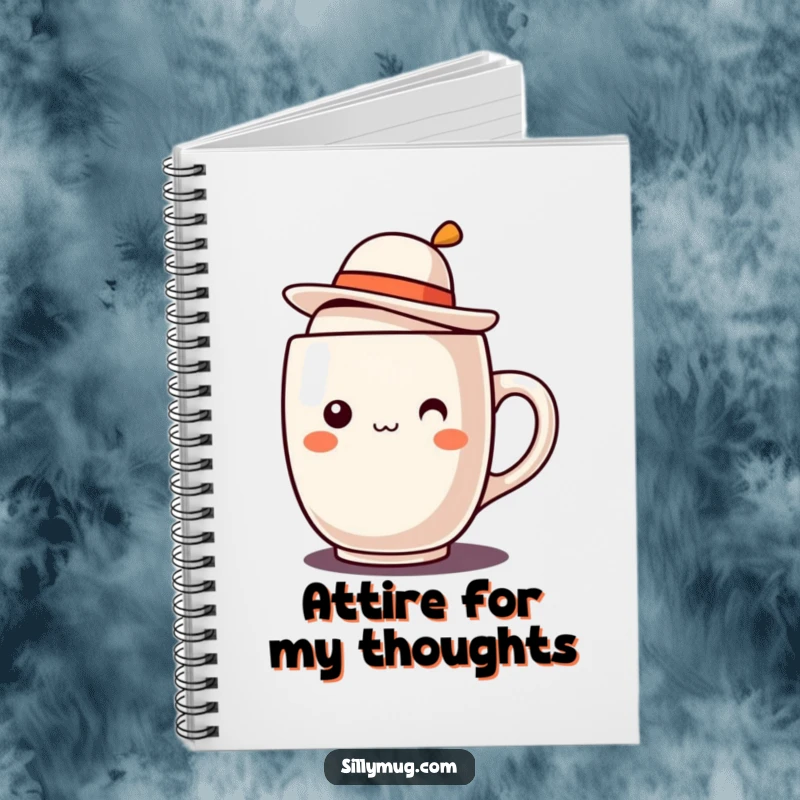 Funny Kawaii mug character with a jaunty hat notebook, perfect for journaling and note-taking with cute artistic humor.
