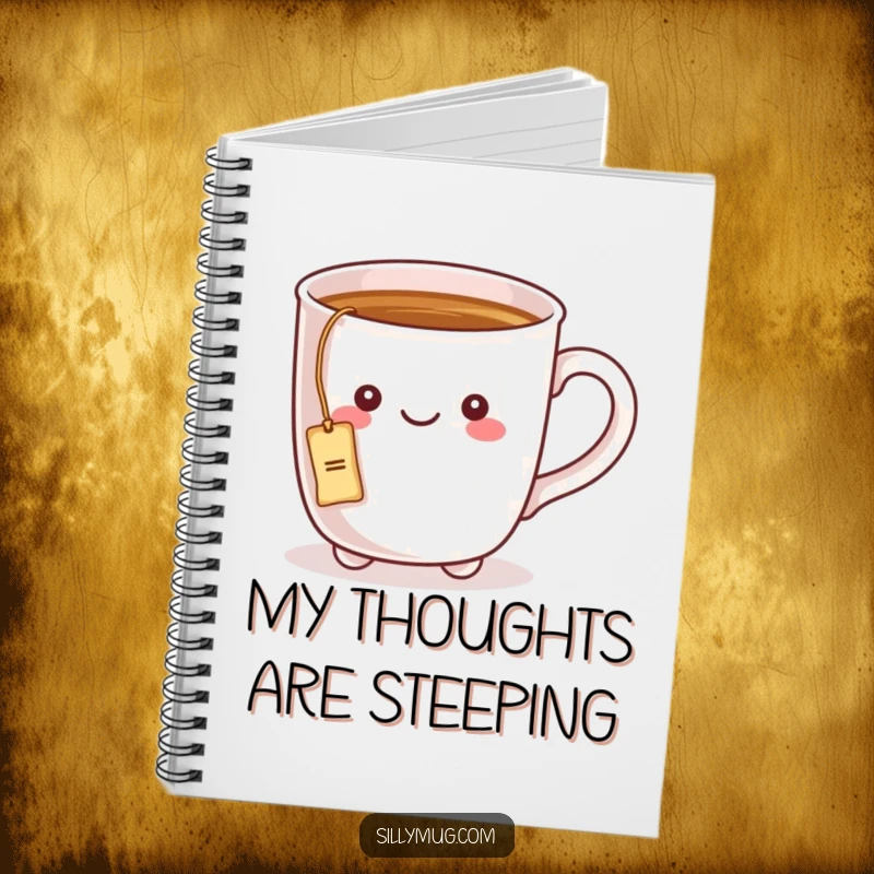 Funny notebook with a kawaii mug character having a tea bag string tied to its handle, perfect for writing and doodling.