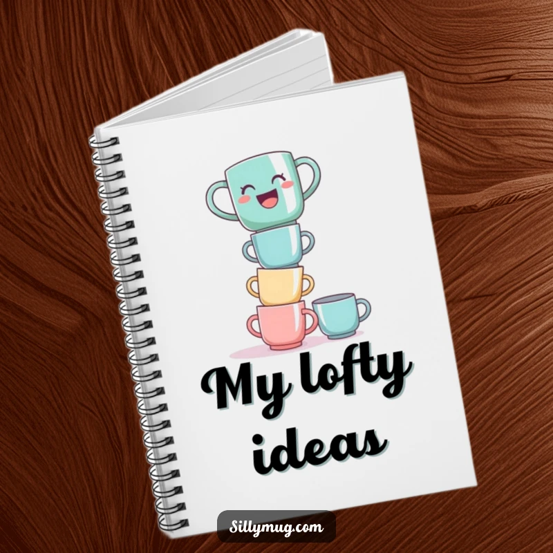 Funny laughing mug tower notebook, with a mug balancing on stacked cups, for humorous note-taking.
