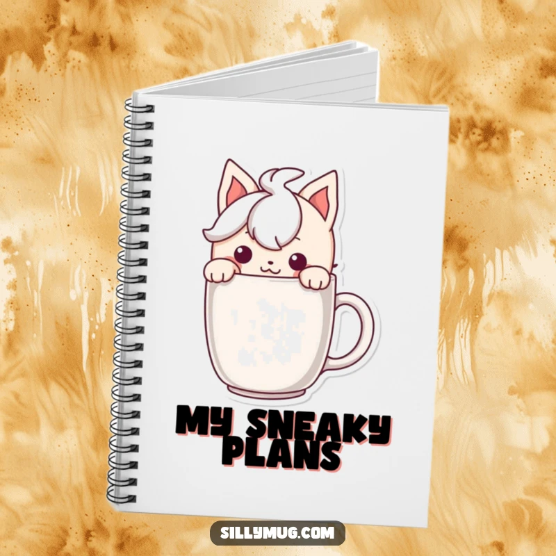 Funny notebook with a character peeking mischievously over a mug, ideal for jotting down plans.
