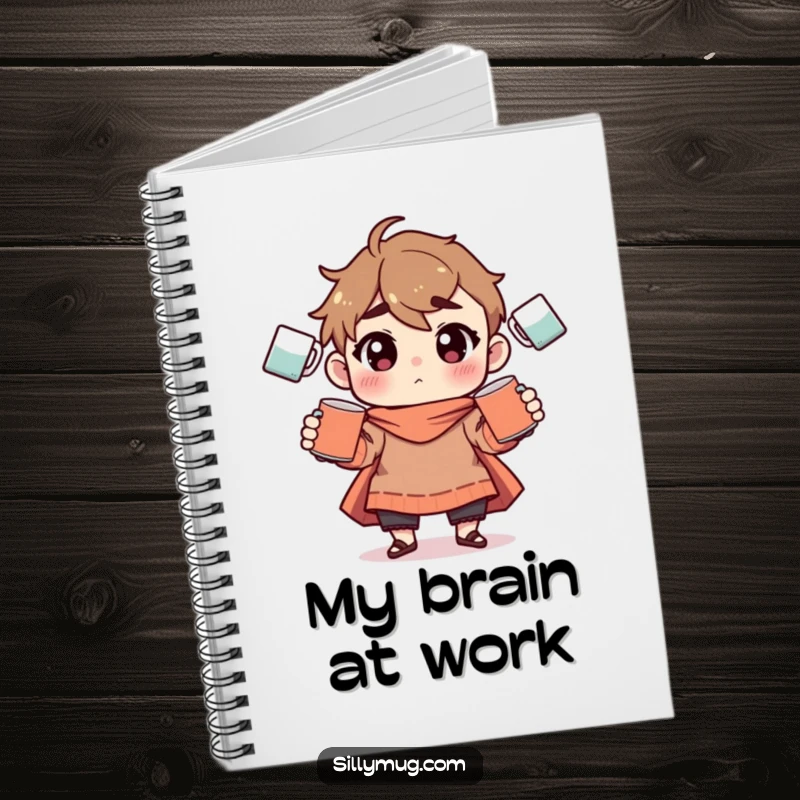 Funny Notebook: A character is shown juggling multiple mugs, designed to inspire humorous writing and note-taking.
