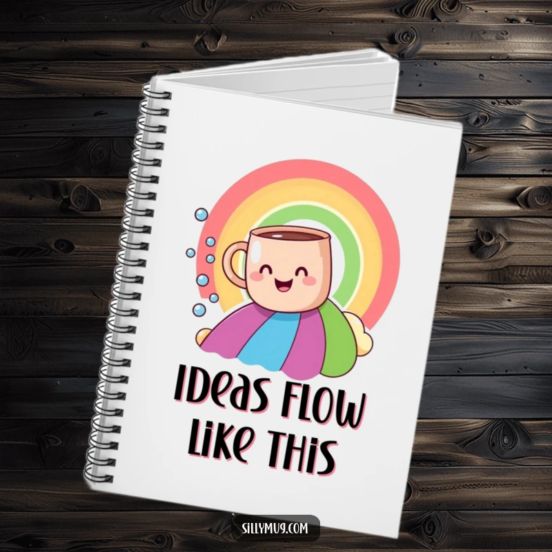 Funny smiling mug rainbow slide notebook, with a mug on a rainbow, perfect for capturing humorous ideas and doodles.