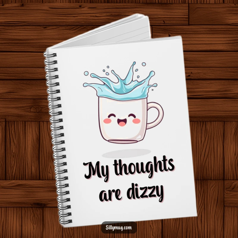 Funny Notebook: A joyful mug is illustrated spinning like a top, splashing imaginary liquid, ideal for capturing funny thoughts.