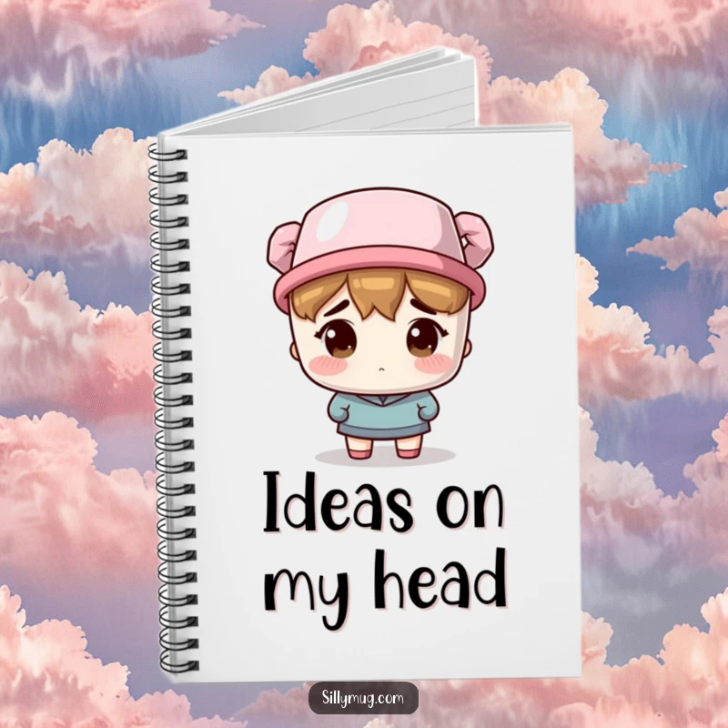 Funny Notebook: A character looks bewildered wearing a coffee mug as a hat, designed for humorous note-taking.