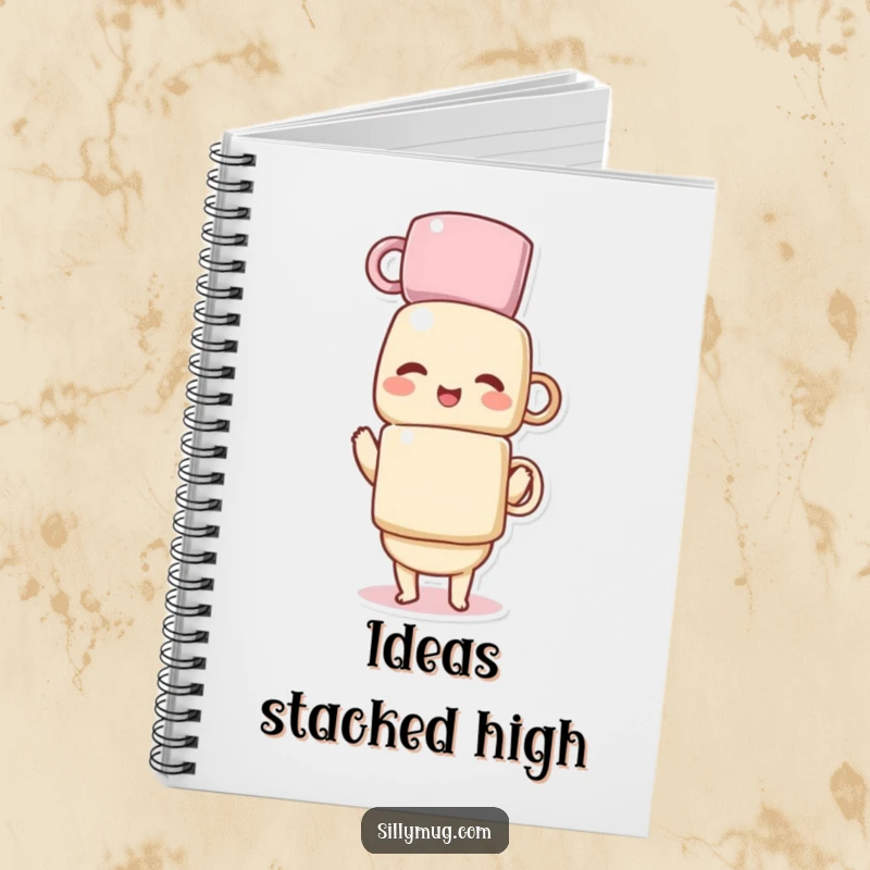 Funny notebook cover showcasing a giggling Kawaii character struggling to keep a tall stack of mugs from toppling over, full of playful energy.