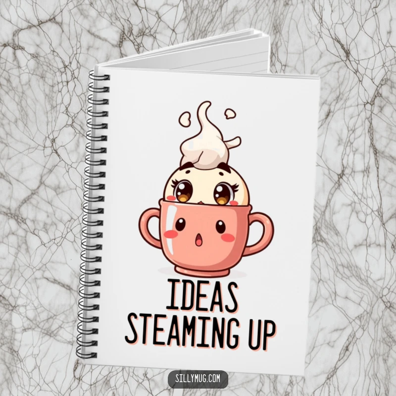 Funny Kawaii character notebook, surprised with wide eyes as a mug bursts with steam, ideal for notes and journaling, humorous study accessory.
