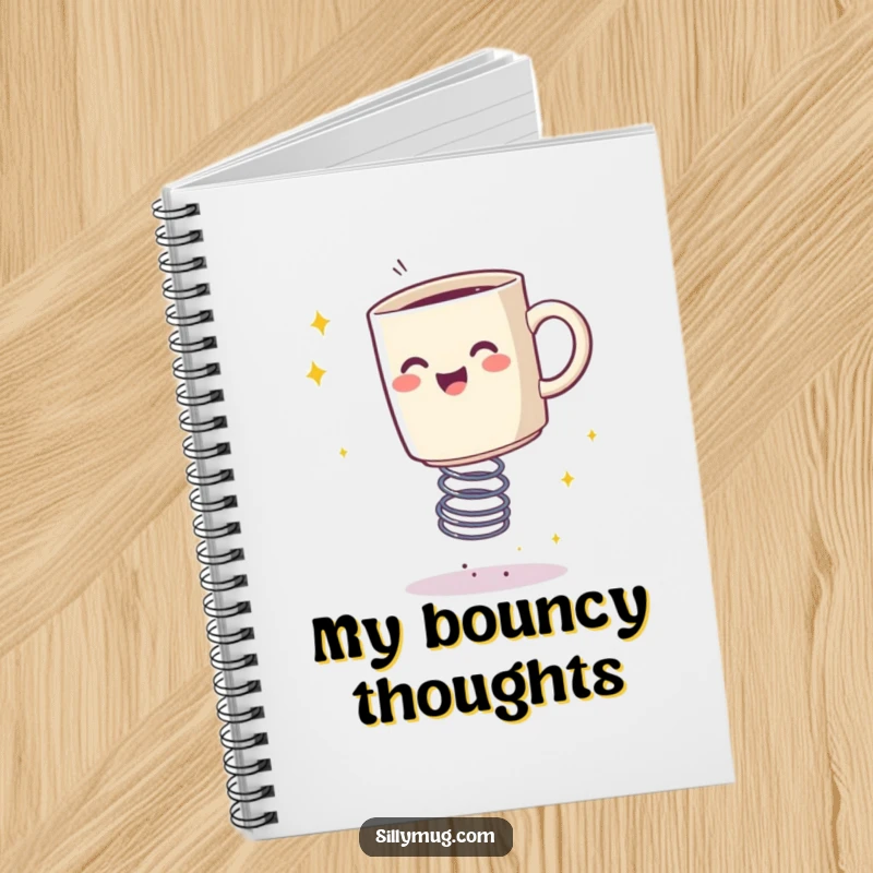 Funny notebook with a happy mug bouncing on a spring, leaving a trail of sparkles, perfect for jotting notes.