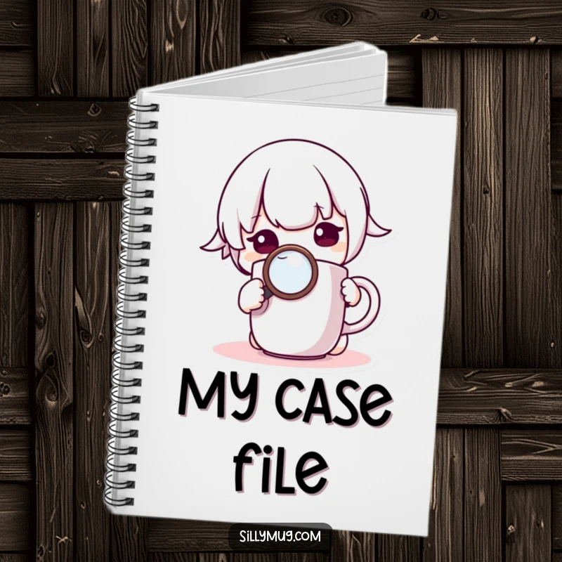 Funny Notebook: A curious Kawaii character inspects a mug with a magnifying glass, ideal for jotting down notes and insights.