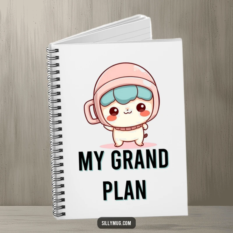 Funny Notebook: A mischievous Kawaii character sports a mug as a helmet, ready to record adventures and funny thoughts.