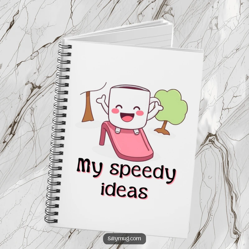 Funny notebook with a playful mug with arms outstretched, joyfully sliding down a slide, perfect for jotting notes.