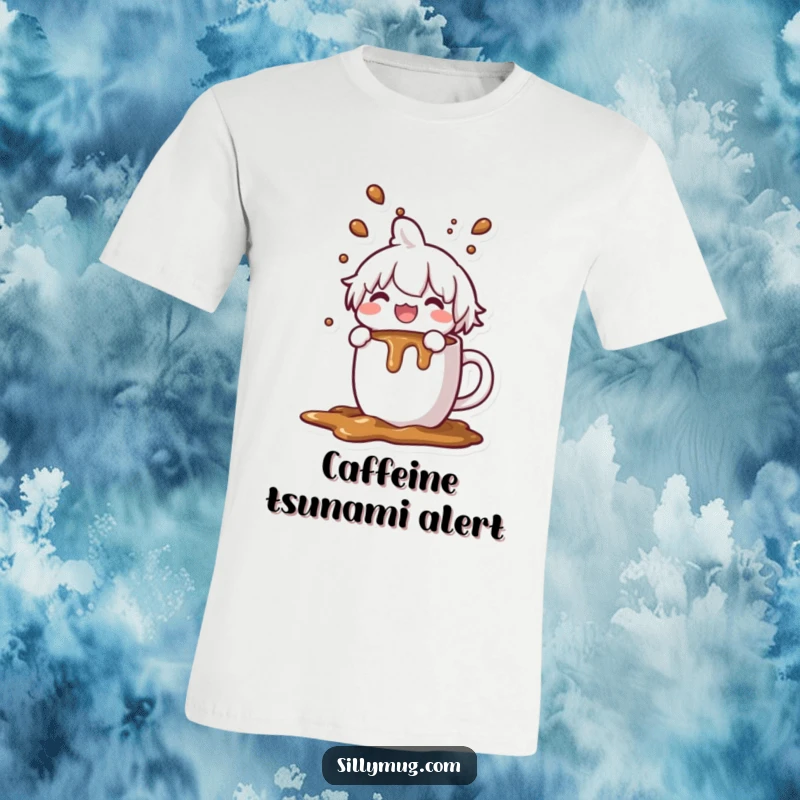 Funny Kawaii character t-shirt, joyfully spilling coffee from an overflowing mug, relatable coffee humor, perfect for morning routines.