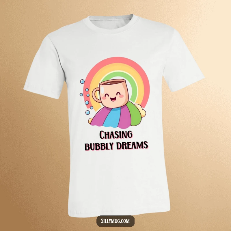 Funny smiling mug t-shirt sliding down a rainbow, leaving bubbly trails, a wearable piece of whimsical happiness.