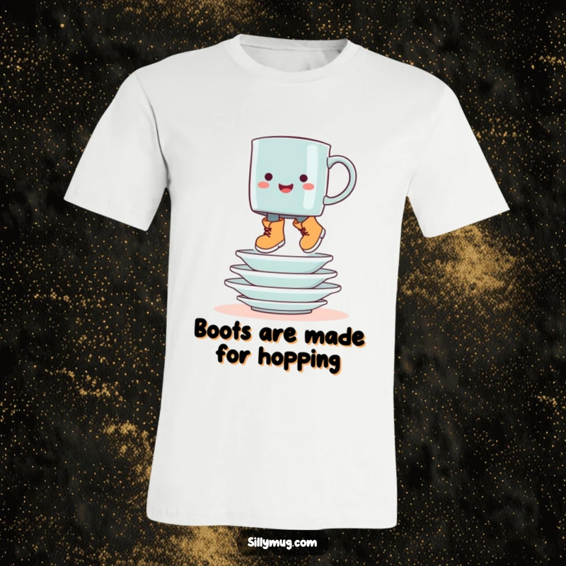 Funny t-shirt with a mug in tiny boots, hopping gleefully over dishes, designed for humorous chore enthusiasts.