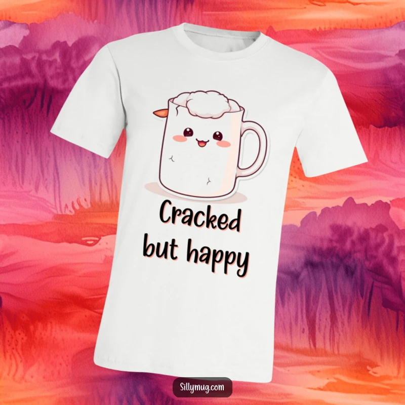 Funny kawaii t-shirt with a mug character sporting a cracked handle and a sheepish smile, ideal for unique apparel.