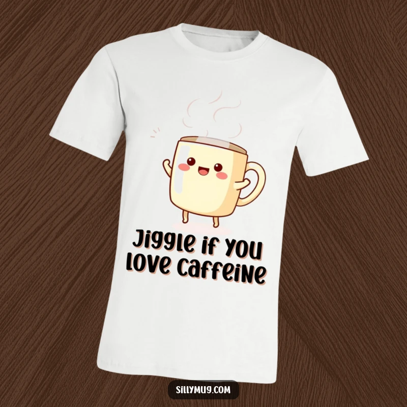 Funny t-shirt with a kawaii mug character doing a lively dance, steam swirling, perfect for expressing joy and humor.