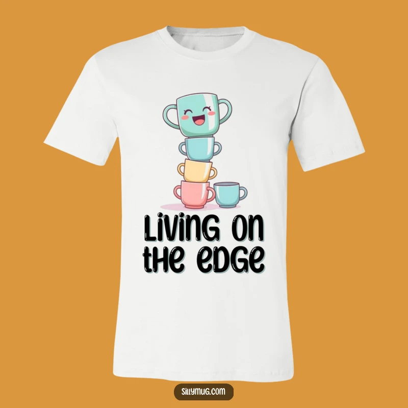 Funny Laughing Mug Tower T-Shirt - Wear Your Comedic Balancing Act!