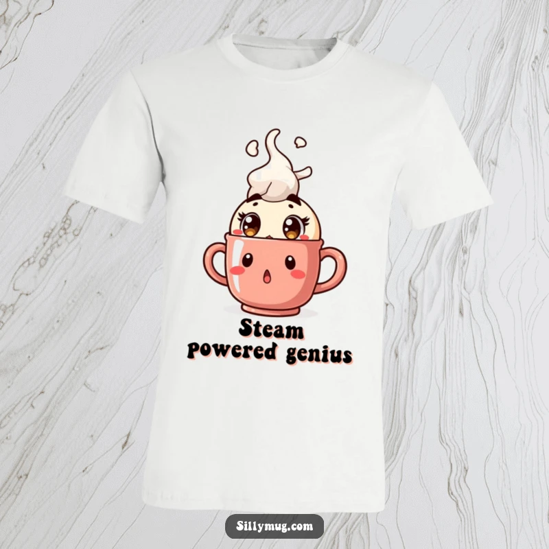 Funny Kawaii character t-shirt, surprised with wide eyes as a mug bursts with steam, intense coffee reaction, perfect for morning routines.