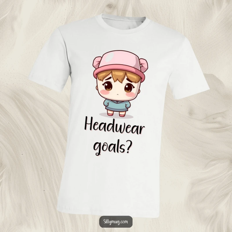 Funny T-Shirt: A character looks bewildered while wearing a coffee mug as a hat, a humorous design for casual wear.