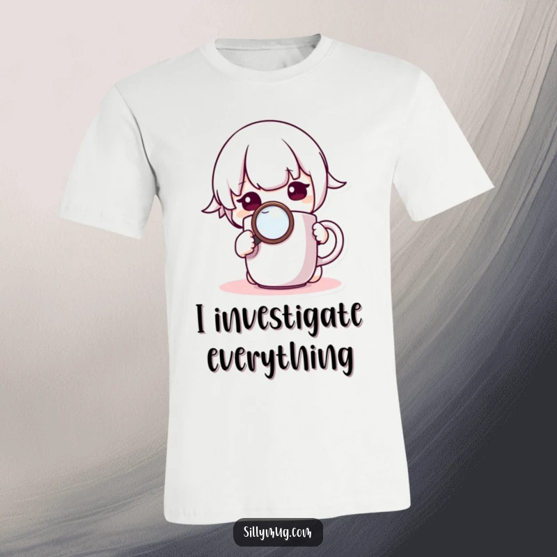 Funny T-Shirt: A curious Kawaii character peers through a magnifying glass at a mug, highlighting a quest for answers and cute design.