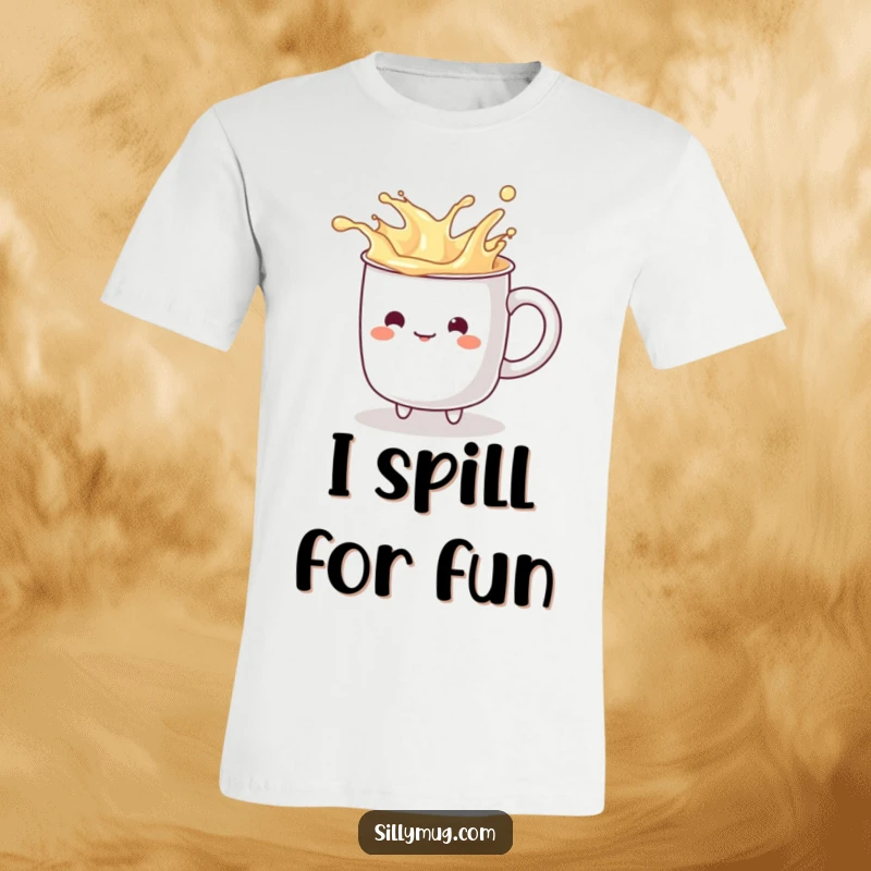 Funny kawaii mug character in a splashing pose, printed on a comfortable tee for a playful and humorous look.