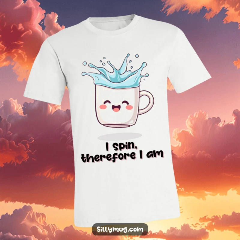 Funny T-Shirt: A joyful mug depicted spinning like toy top, splashing imaginary liquid, a fun and energetic design.