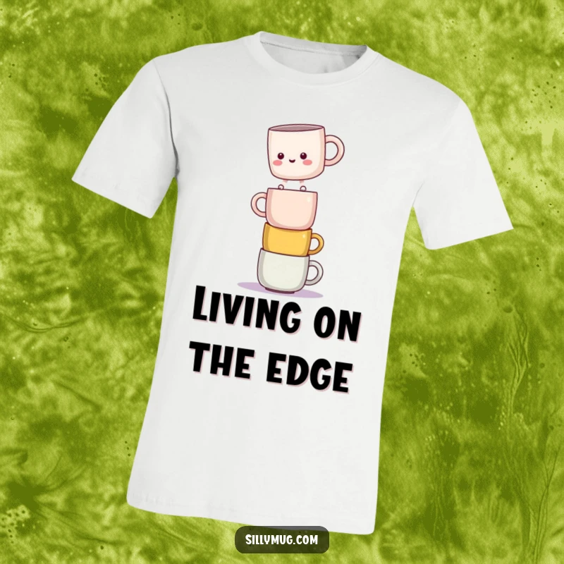 Funny t-shirt with a kawaii mug character attempting a daring balance on a stack of mugs, capturing a comical moment.