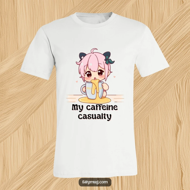 Funny t-shirt depicting a character's surprised expression after a hot liquid spill from a mug, emphasizing humor.