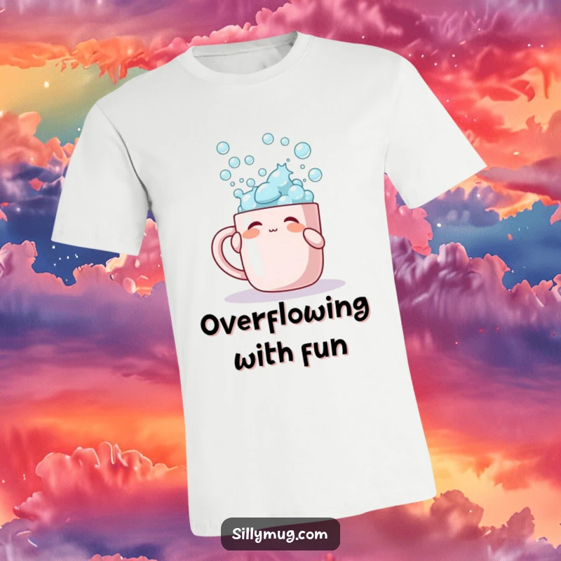 Funny t-shirt with a character playfully interacting with a mug overflowing with bubbles, showcasing sudsy delight.