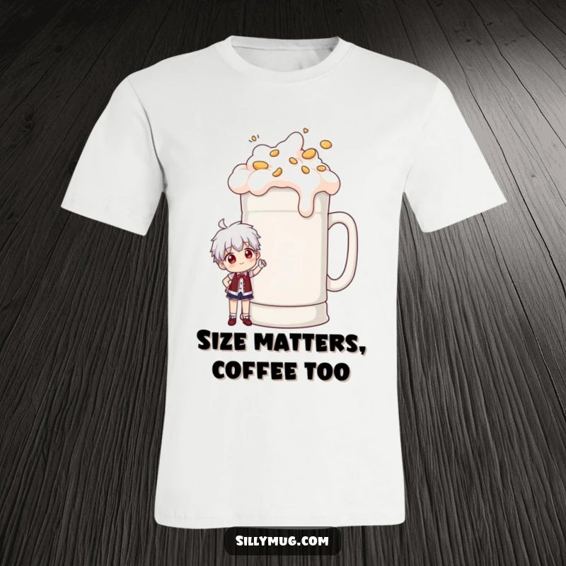 Funny t-shirt featuring a character posing proudly next to an oversized, overflowing coffee mug, exuding coffee adoration and humor.