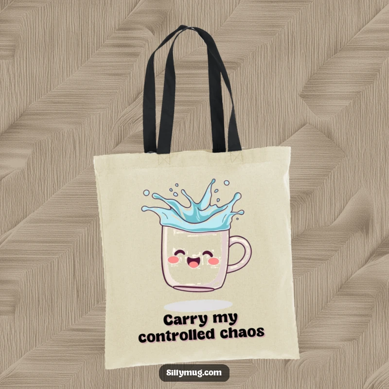 Funny Tote Bag: A joyful mug spins dynamically, splashing imaginary liquid, a whimsical and practical accessory for fun-loving people.