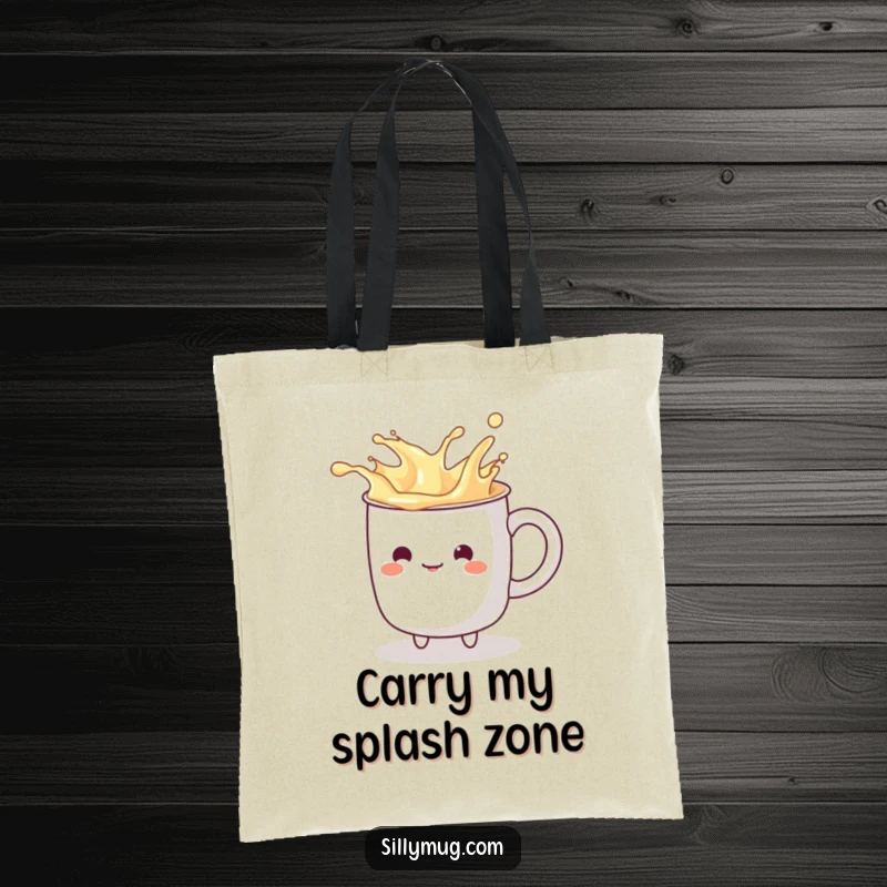 Funny kawaii mug character playfully splashing imaginary liquid, printed on a stylish and durable tote bag for humorous errands.